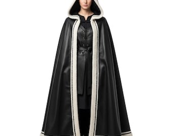 Leather Hooded Cloak with White Fur Trim - Handmade Medieval Fantasy Cape - Gothic Renaissance LARP Cosplay Outfit - Winter Warrior Costume