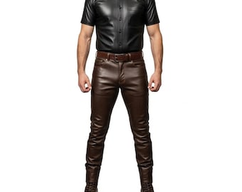 Mens Genuine Sheep Leather Pants - Handmade Brown Slim Fit Leather Trousers - Biker Steampunk Gothic Festival Pants - Gift for Him