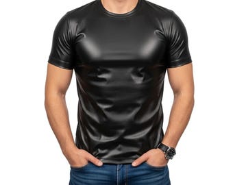 Camiseta de cuero negra para hombre - Camisa de piel de oveja auténtica hecha a mano - Camiseta gótica de calle - Conjunto informal de cuero - Regalo para él
