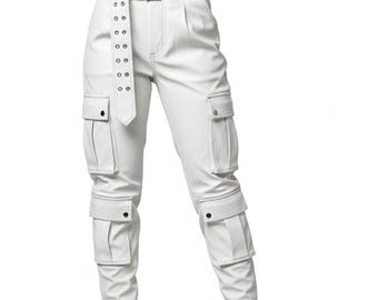 Mens Genuine Leather Cargo Pants - White Tactical Streetwear Trousers - Handmade Real Leather Utility Combat Pants - Gift for Him