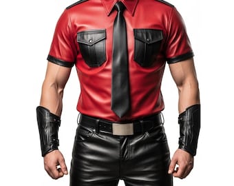 Mens Red Leather Shirt - Genuine Leather Police Uniform Style Shirt - Handmade Fetish Clubwear Top - Gothic Punk Biker Outfit - Gift for Him