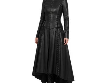 Mens Gothic Trench Coat : Steampunk Vampire Costume | Genuine Leather Black Long Coat | Fantasy Cosplay Wear