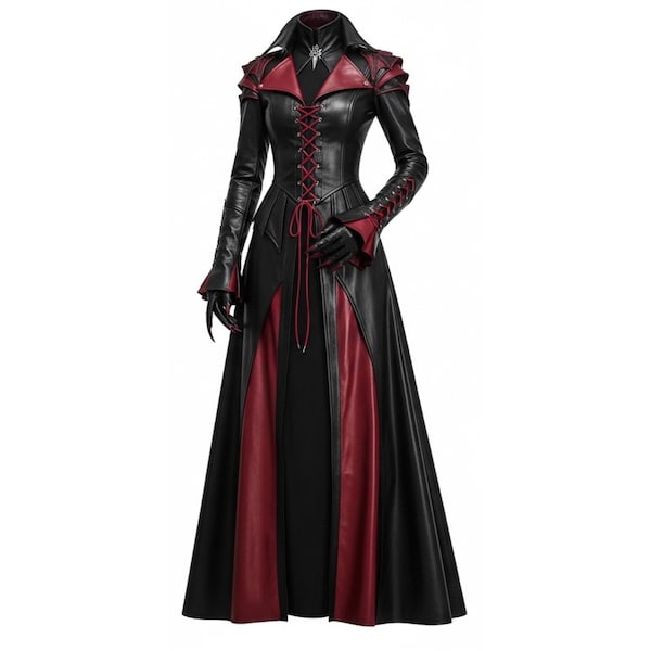 Handgemaakte leren gotische vampierkoningin-jurk - donkere fantasie boze koningin kostuum - steampunk renaissance-cosplayjurk - halloween-outfit