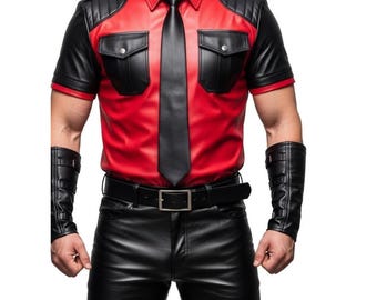 Mens Red Leather Shirt Handmade Genuine Leather Police Style Top Gothic Punk Biker Clubwear Outfit Gift for Him
