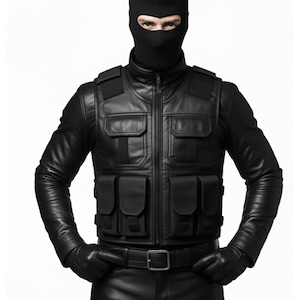 May include: Black leather tactical vest with multiple pockets, worn over a black long-sleeve shirt. The vest has a zip-up front and a belt. The person is wearing black gloves and a black balaclava.