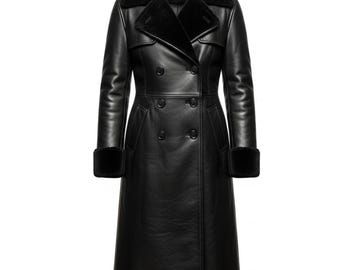 Genuine Black Leather Long Coat with Fur | Cowhide Leather Trench Coat | Personalized Black Leather Jacket for Men Gift for Him