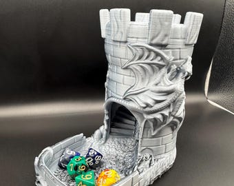 Dragon Dice Tower with Tray – DND Dice Tower – Dragon Climbing Castle Tower – 3D Printed Tabletop RPG Accessory – Dungeons and Dragons Gift