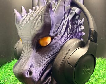 Dragon Head Headphone Stand – Fantasy Gamer Desk Decor – 3D Printed Headset Holder – Custom Eye Color – Unique Gift for Gamers
