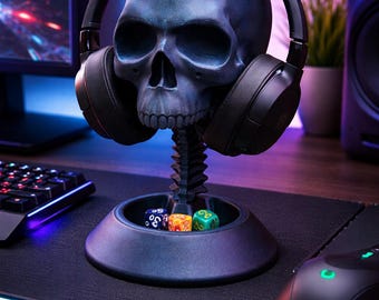 Skull Headphone Stand with Tray – Gothic Gamer Desk Decor | 3D Printed Headset Holder Gift