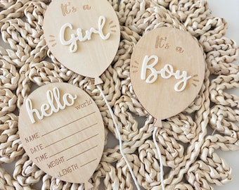 Personalised Wooden Baby Announcement Hello World Newborn Sign Balloon Birth Plaque Baby Shower Gift newborn gift baby  name gender reveal