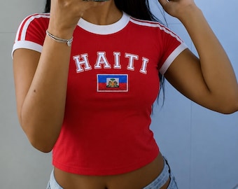 Damen-T-Shirt mit Haiti-Stickerei, Baby-T-Shirt im Haiti-Stil, kurzes Top mit Haiti-Motiv