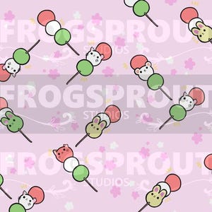 May include: A repeating pattern on a pink background features skewers of dango with cat, bunny, and mouse faces. The dango balls are red, white, and green. Small pink and white flowers are scattered throughout the design.