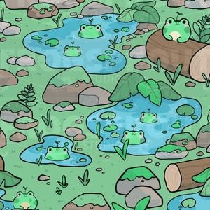 May include: A repeating pattern featuring cartoon frogs in a pond setting. The frogs are green with white bellies, and the ponds are surrounded by rocks, logs, and green foliage. The background is a light green color.
