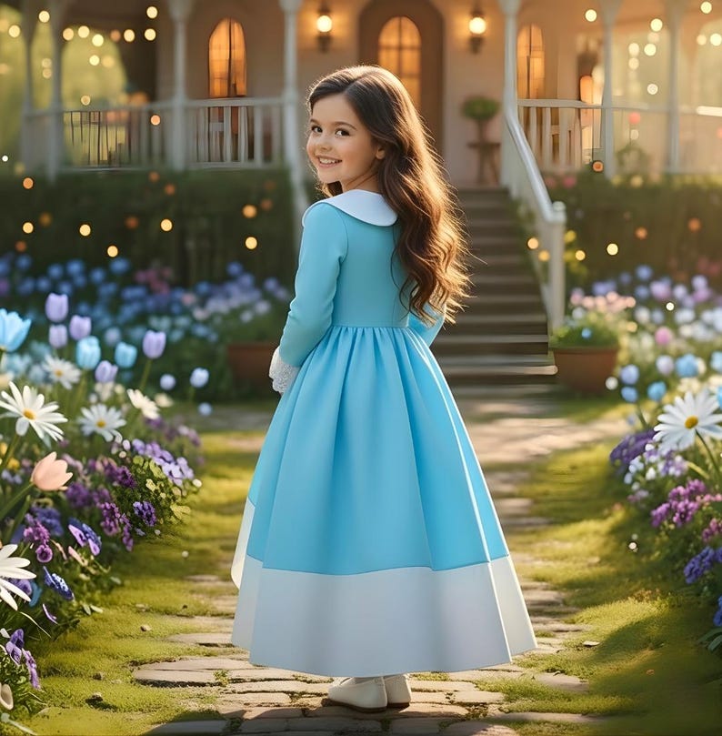 以下が含まれることがあります： 白い襟、袖口、裾が付いた水色のドレスを着た少女。ドレスは長袖で、スカートはふんわりとしている。庭の石畳の上に立っており、背景には花と家が見える。