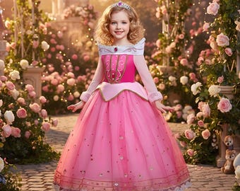 Girls Embroidery Princess Aurora Dress, Princess Party Dress up, Sleeping Movie Dress, Birthday Party & Halloween Costume