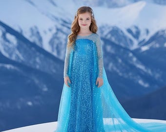 Elsa Prinzessinnen Kleid für Mädchen | Funkelndes Blau Gefrorener Schnee inspiriertes Prinzessinnen-Kleid