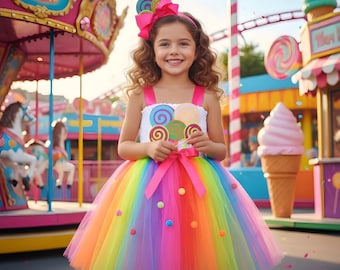 Girls Rainbow Lollipop Tutu Dress | Candy Princess Costume for Toddlers & Kids | Birthday Party, Cosplay, Halloween Gown