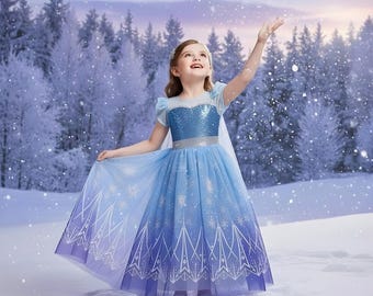 Elsa Princess Dress for Girls – Blue Snowflake Frozen Inspired Gown with Sparkling Bodice & Flowing Cape