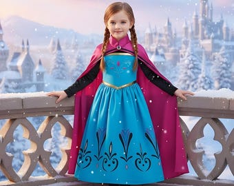 Anna Princess Dress for Girls – Frozen Inspired Blue Winter Costume with Magenta Cape