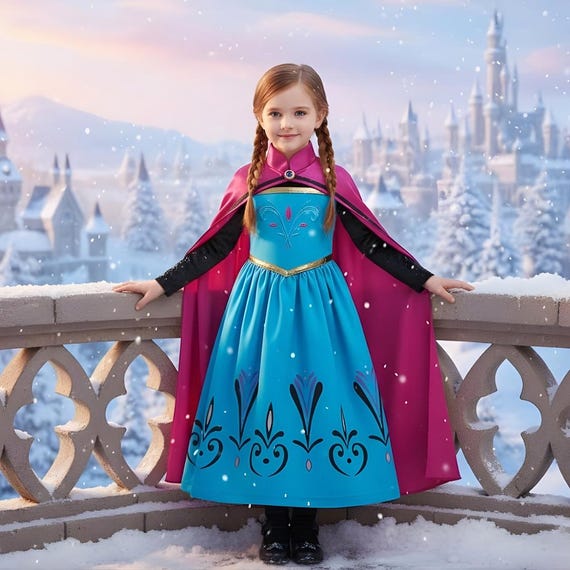 Anna Princess Dress for Girls – Frozen Inspired Blue Winter Costume with Magenta Cape