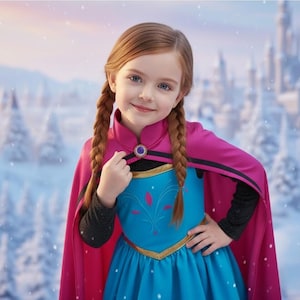 May include: A young girl with auburn braids smiles, wearing a costume inspired by the character Anna from the movie "Frozen." The costume features a blue dress with gold trim, a pink cape, and a black long-sleeved undershirt. The background shows a snowy landscape.