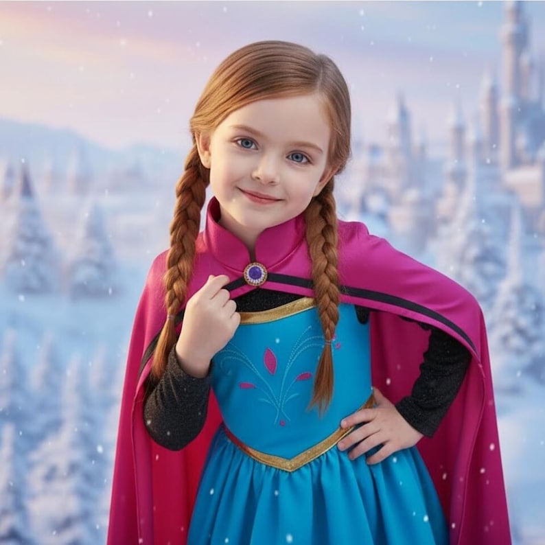 May include: A young girl with auburn braids smiles, wearing a costume inspired by the character Anna from the movie "Frozen." The costume features a blue dress with gold trim, a pink cape, and a black long-sleeved undershirt. The background shows a snowy landscape.