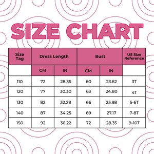May include: A pink and white size chart for children's clothing. The chart includes measurements in inches and centimeters for dress length and bust, with corresponding US size references. The text "SIZE CHART" is at the top.