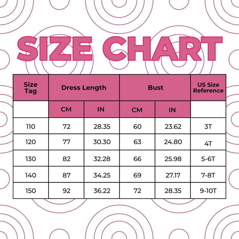 May include: A pink and white size chart for children's clothing. The chart includes measurements in inches and centimeters for dress length and bust, with corresponding US size references. The text "SIZE CHART" is at the top.