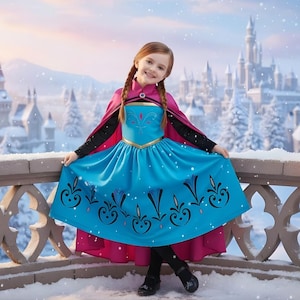 May include: A young girl wearing a blue and pink princess dress with a gold trim and black sleeves. The dress has a blue skirt with a decorative pattern. She is smiling and standing in front of a snowy background with a castle.