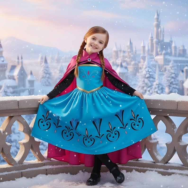 May include: A young girl wearing a blue and pink princess dress with a gold trim and black sleeves. The dress has a blue skirt with a decorative pattern. She is smiling and standing in front of a snowy background with a castle.