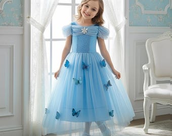 Cinderella Princess Dress for Girls – Blue Butterfly Ball Gown with Puffy Sleeves & Fairytale Tulle Skirt