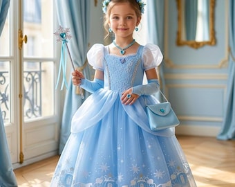 May include: A young girl in a light blue princess costume, complete with a tiara, necklace, and matching purse. The dress features a detailed bodice, sheer sleeves, and a skirt with a carriage design. She holds a wand with a snowflake design.