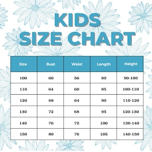 以下が含まれることがあります： 子供用サイズチャート。サイズは100から150まで、バスト、ウエスト、着丈、身長の測定値が記載されています。測定単位はセンチメートルです。「KIDS SIZE CHART」の文字が上部にあります。