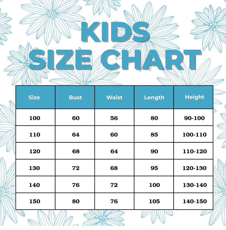 以下が含まれることがあります： 子供用サイズチャート。サイズは100から150まで、バスト、ウエスト、着丈、身長の測定値が記載されています。測定単位はセンチメートルです。「KIDS SIZE CHART」の文字が上部にあります。