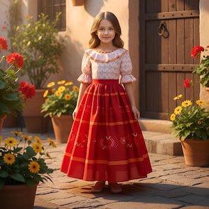 Puede incluir: Una niña con una falda roja y naranja y una blusa blanca y rosa. La falda tiene un patrón decorativo y rayas naranjas. La blusa tiene un cuello con volantes y mangas cortas. Está de pie en un patio de ladrillos.