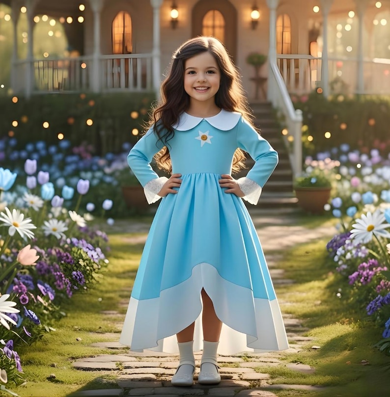 以下が含まれることがあります： 白い襟と袖口が付いた水色のドレス。 ドレスは白い裾と胸に小さな星のエンブレムが特徴です。 女の子は、花が咲き乱れる庭の石畳の上に立っています。