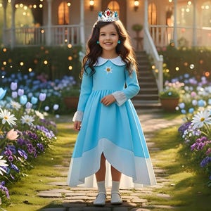 以下が含まれることがあります： 白い襟と袖口が付いた、水色のプリンセスドレスを着た少女。 ドレスには星のエンブレムと白いトリムが付いた重ね着スカートが付いています。 赤と青のアクセントが付いたシルバーのティアラと、お揃いのイヤリングを着用しています。