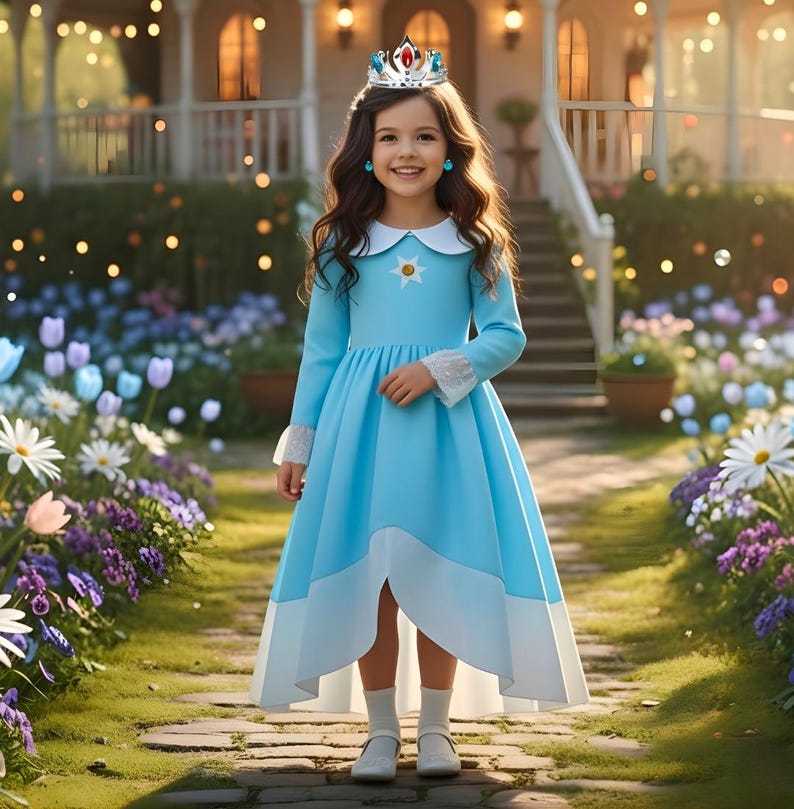 以下が含まれることがあります： 白い襟と袖口が付いた、水色のプリンセスドレスを着た少女。 ドレスには星のエンブレムと白いトリムが付いた重ね着スカートが付いています。 赤と青のアクセントが付いたシルバーのティアラと、お揃いのイヤリングを着用しています。