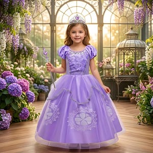 May include: A young girl wearing a lavender princess dress with a silver tiara and a matching wand. The dress features a detailed bodice, puff sleeves, and a full skirt with decorative patterns. The background includes a greenhouse setting with flowers.
