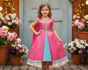 Girls Jasmine-Inspired Princess Dress, Birthday Party Dress, Disney Princess Dress-Up Costume.