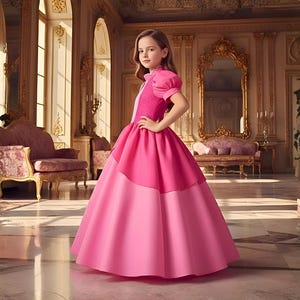 May include: A young girl in a pink princess gown with a layered skirt and puffed sleeves. The dress features a darker pink bodice with a textured panel. The background is a grand room with gold accents and ornate furniture.