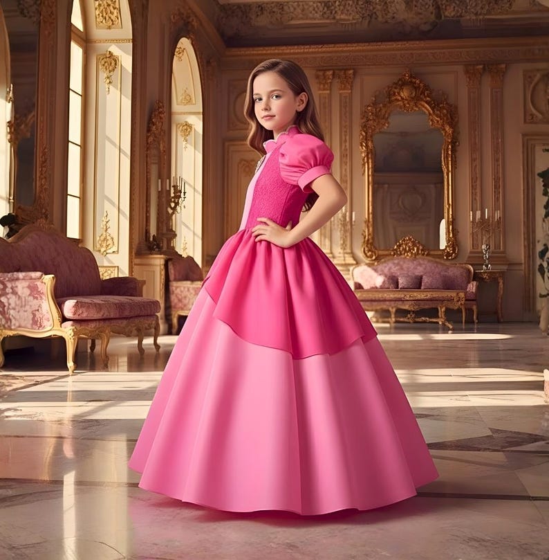 May include: A young girl in a pink princess gown with a layered skirt and puffed sleeves. The dress features a darker pink bodice with a textured panel. The background is a grand room with gold accents and ornate furniture.