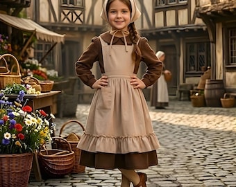 Girls Pilgrim Costume – Kids Pioneer Prairie Colonial Farm Village Dress