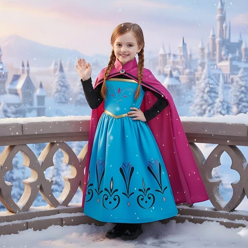 May include: A young girl in a blue and pink costume, reminiscent of a princess, stands on a snowy balcony. The costume includes a blue dress with decorative patterns, a pink cape, and a black long-sleeved top. A castle is visible in the background.