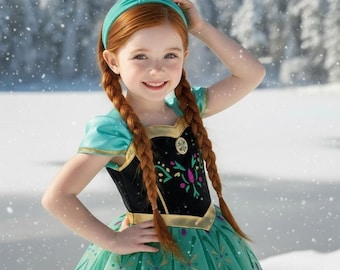 Anna Green Princess Dress for Girls | Frozen Inspired Floral Princess Gown Winter Costume