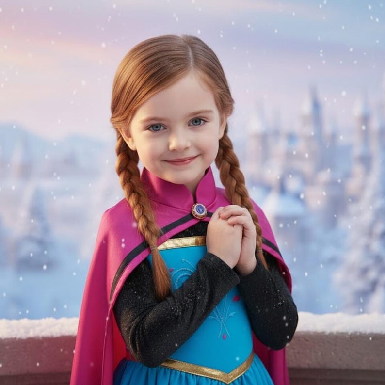 May include: A young girl with red braids, wearing a blue and pink dress with a cape. The dress has gold trim and a blue bodice. The girl is smiling and has her hands clasped in front of her. The background shows a snowy landscape.
