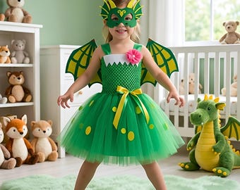 Green Dinosaur Fancy Dress For Girls – Kids Dorothy Halloween Tutu Costume with Fairy Wings