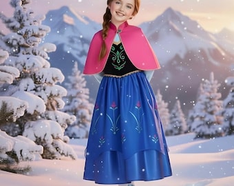 Anna Princess Dress for Girls – Frozen Inspired Blue Winter Costume with Pink Cape