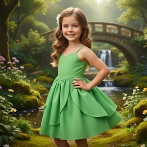 Puede incluir: Una niña con un vestido verde brillante con una falda en capas y tirantes finos, posando en un entorno exterior verde y exuberante. El vestido tiene un corpiño ajustado y una falda acampanada. Una flor blanca adorna su cabello. Un puente de piedra y una cascada se ven al fondo.
