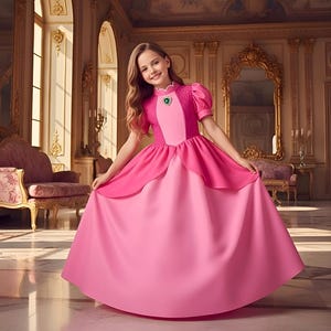 May include: A young person wearing a pink princess dress with a high collar, short sleeves, and a full skirt. The dress features a darker pink bodice and a jewel-like embellishment at the neckline. The background is a grand room with ornate decor.